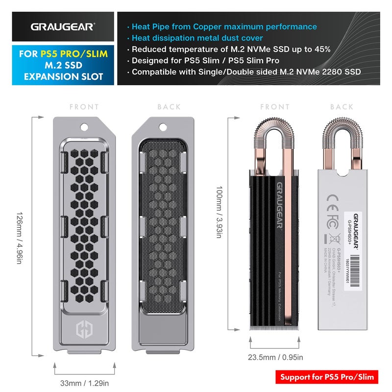 GRAUGEAR PS5 Pro/Slim SSD Heatsink Cover Set, Metal Heat Dissipation Cover, Copper Heat Pipe and Aluminum Fin for PS5 SSD Storage - Image 2